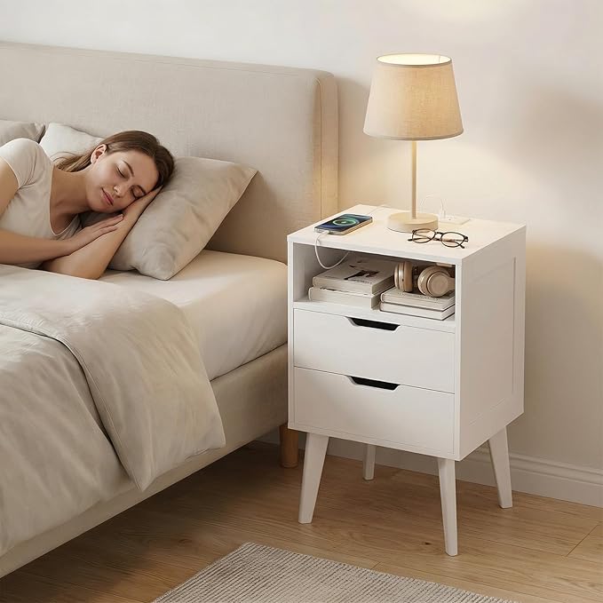 MAHANCRIS White Nightstand with Charging Station, Modern Bedside Table with 2 Storage Drawers and Open Shelf, Night Stand with Solid Wood Legs, for Bedroom, End Side Table for Small Spaces, ETWT69E01