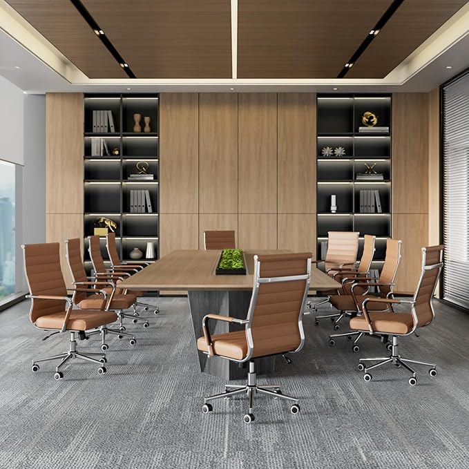 Okeysen Office Desk Chair, Ergonomic Leather Modern Conference Room Chairs, Executive Ribbed Height Adjustable Swivel Rolling Chair for Home Office. (Brown)