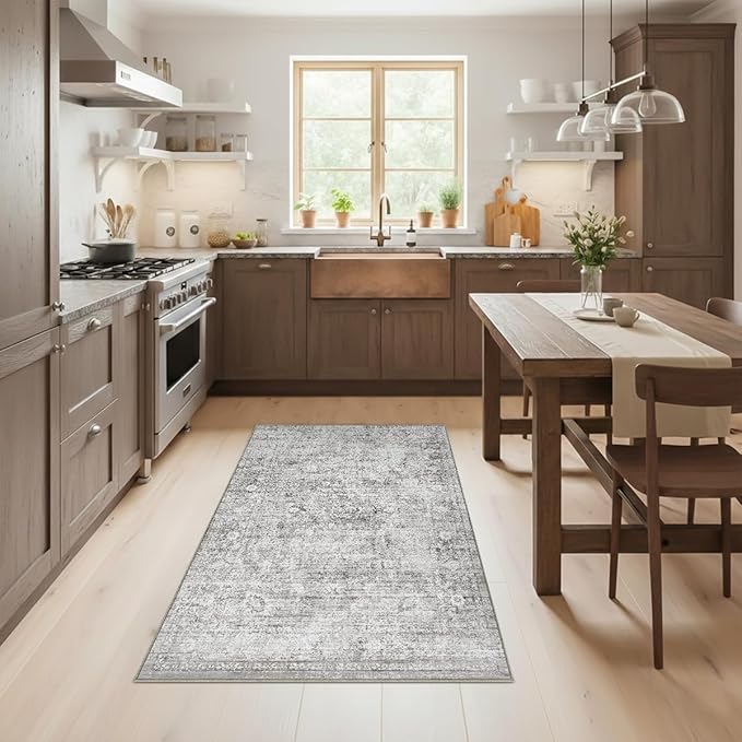 Homemate Washable Rug 3x5 Area Rugs - Vintage Faux Wool Rugs for Living Room Bedroom Dining Room - Non Slip Foldable Carpet Indoor Area Rug for Home Decor（3'x5', Grey