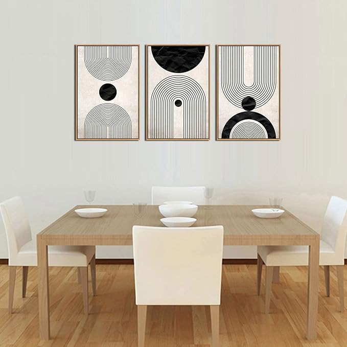 Framed Wall Art Canvas Set Mid Century Boho Pictures Modern Abstract Geometric Wall Decor Minimalist Black Beige Bohemian Canvas Painting Artwork for Living Room Bedroom Office 16"x24"x3 Natural