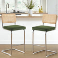Zesthouse Natural Rattan Bar Stools Set of 2, 26'' Modern Boho Counter Height Barstools with Solid Wood Back, Mid Century Counter Stools with Velvet Cushion, Cane Back Island Chairs for Kitchen, Green