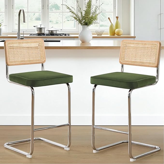 Zesthouse Natural Rattan Bar Stools Set of 2, 26'' Modern Boho Counter Height Barstools with Solid Wood Back, Mid Century Counter Stools with Velvet Cushion, Cane Back Island Chairs for Kitchen, Green