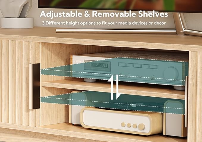 Claiks Mid-Century Modern TV Stand for 75 inch TV, Wood Fluted TV Stand with Storage and Adjustable Shelves, Low Profile TV Console for Living Room, Oak