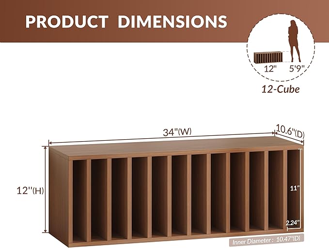 IOTXY DIY Modular Cube Bookcase - CubeXY Customizable Stackable Expandable Basic Shelving Units, 12-Cube Wooden Open Bookshelf with Removable Shelves for 10-inch Vinyl Record Storage Organizer, Walnut