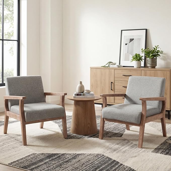 BESTANO Mid Century Modern Accent Chair Set of 2, Linen Upholstered Living Room Accent Armchair with Wood Frame, Farmhouse Chair for Living Room Bedroom, Gray