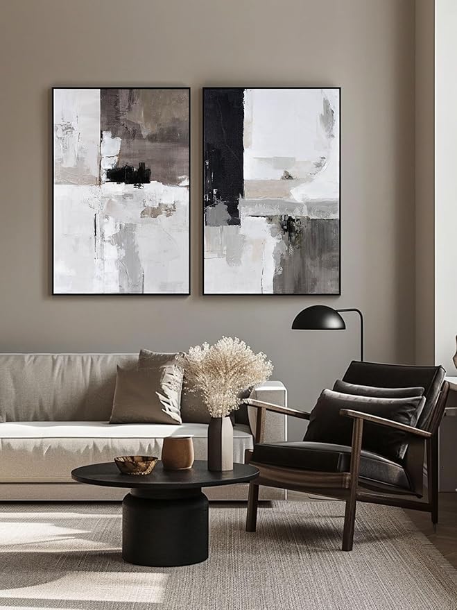 SAFERRYHOME Set of 2 Modern Grey and Black Abstract Wall Art - Framed Canvas Paintings for Living Room, Bedroom, Office Décor - 24x36 Inches Each
