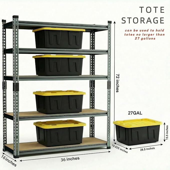 Garage Shelving Heavy Duty, 2450LBS Metal Storage Shelves 5 Tier, Adjustable Shelving Unit 36" W x 16" D x 72" H, Boltless Garage Storage Rack for Garage Basement, Pantry, Warehouse 2Pcs