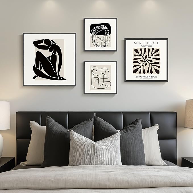 Framed Matisse Abstract Wall Art for Living Room, Set of 4 Piece Black and White Modern Canvas Artworks, Mid Century Neutral Beige Minimalist Painting Prints for Bedroom Hallway Office Wall Decor