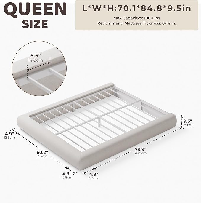 RECCI AirFrame Half-Moon Upholstered Queen Platform Bed Frame, Velvet Curved Arched Base, 5 Inch Fully Round Cushioned Foam, No Box Spring Needed, Easy Assembly | Round Shaped, Boucle, Low-profile, Soft