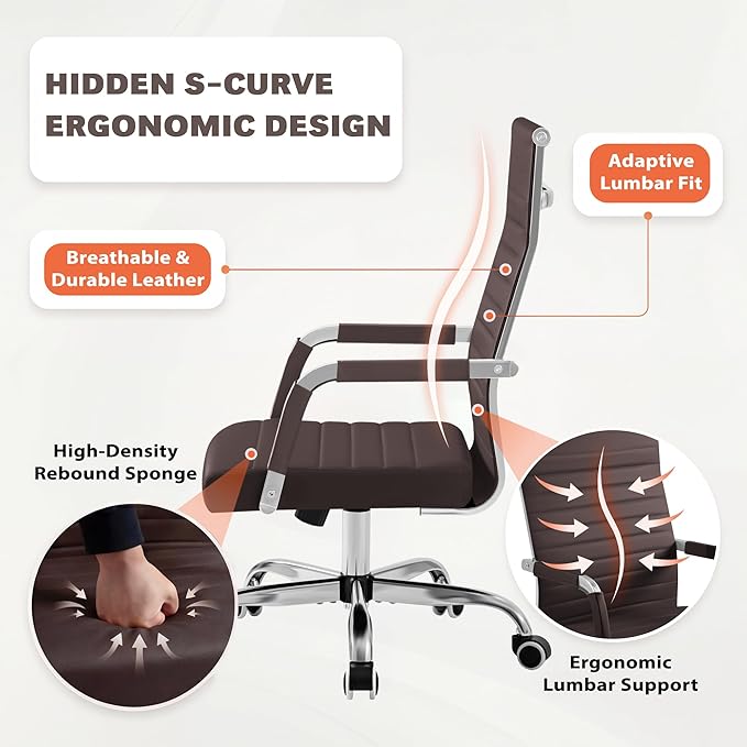 Furmax Ergonomic Office Desk Chair, Executive Ribbed Mid-Back PU Leather Conference Room Chair Adjustable Swivel Chair with Arms (1, Brown)