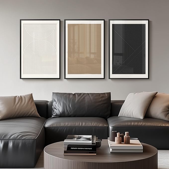 Framed Black and White Abstract Wall Art for Living Room, Modern 3 Piece Minimalist Boho Artworks, Neutral Geometric Painting Prints for Bedroom Dining Room Hallway Home Office Wall Decor, 16x24 In