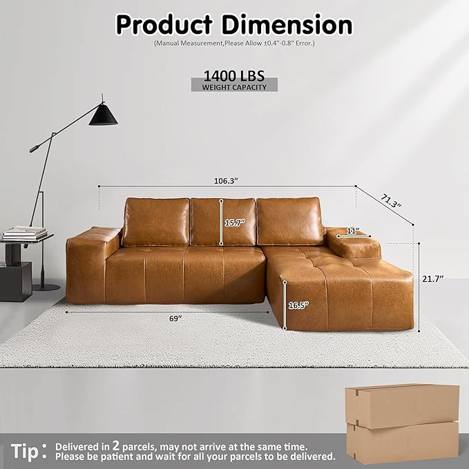 ovios 106" Cloud Boneless Couch with L-Shape Chaise,Modern Sectional Modular Sofa with Deep Seat, Upholstered Couches for Living Room Bedroom,No Assembly Required, Brown