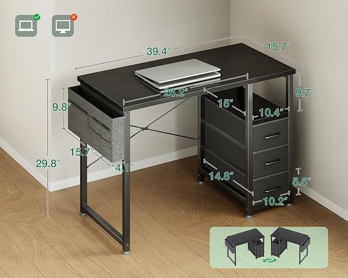 AODK 40 Inch Small Computer Desk with Fabric Drawers, Kids Study Desk for Bedroom, Home Office Desk with Storage Shelf & Bag for Small Space, Black