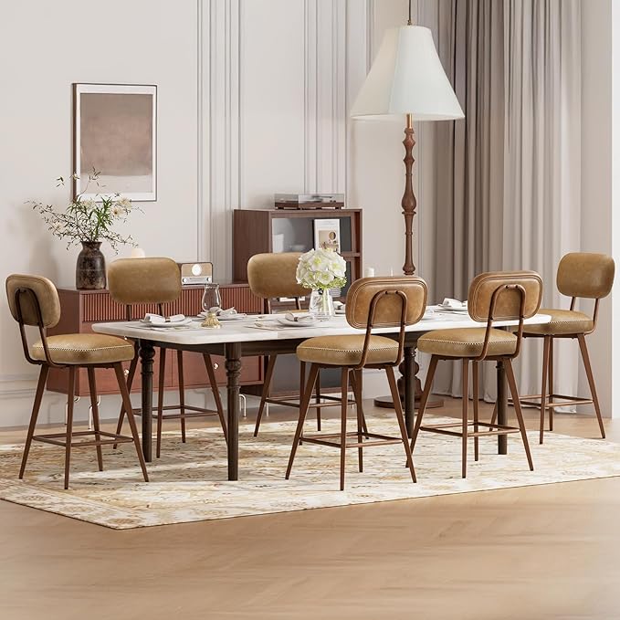 MALOL 26“ PU Leather Swivel Bar Stools Set of 2, Mid Century Counter Height Bar Chairs with Low Back and Metal Legs, Modern Bar Stool Chair for Kitchen Island, Brown