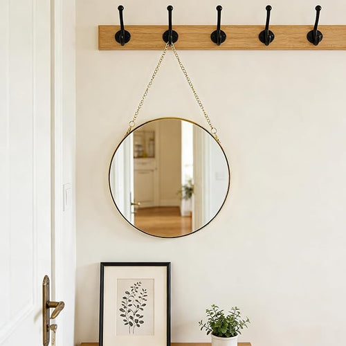 9.6-inch Modern Round Wall Mirror with Metal Frame and Hanging Chain, Suitable for Entryway, Hallway, or Bathroom Small Gold Metal Frame Mirror (Gold, 9.6 inch)