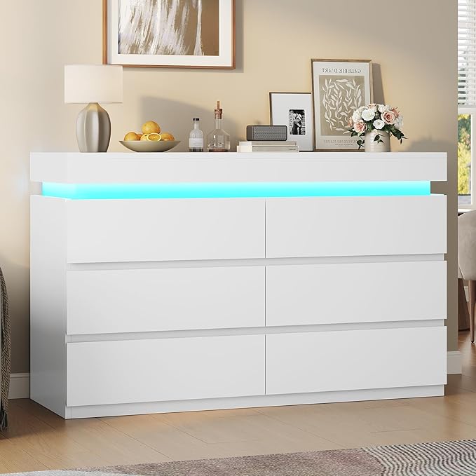 HAUOMS 6 Drawer Dresser with LED Light, White Modern Chest of Drawers for Bedroom,Closet Dressers with Drawers for Living Room, Entryway, Hallway