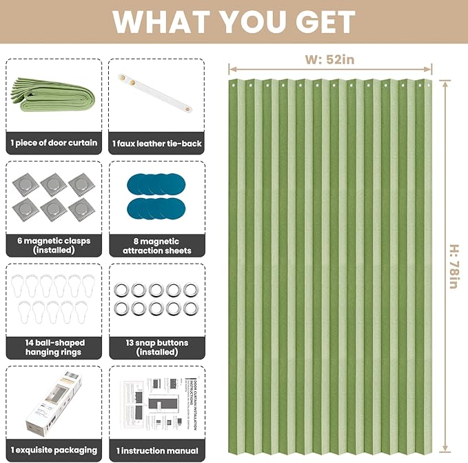 Jilron Accordian Door Curtain, 100% Blackout Folding Magnetic Doorway Curtains,Linen Style Closet Doors,for Room Divider,Privacy Protection（W52 x L78,Green,1 Panel）