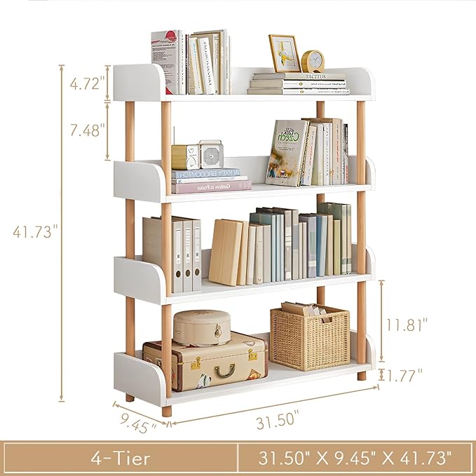 OSCHF 4-Tier Wooden Open Bookcase - Modern Display Bookshelf with Top Edge and Solid Wood Frame for Home and Office, Storage Cabinet, Warm White