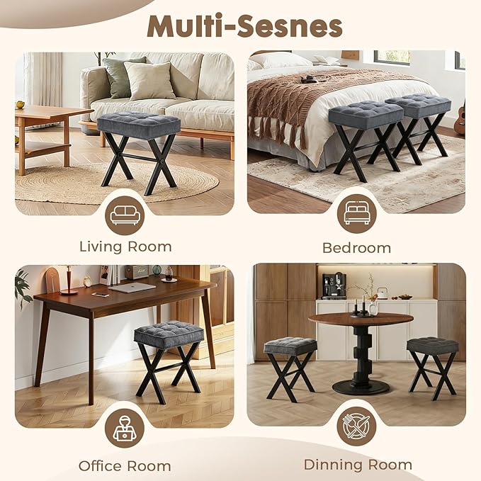 Modern Square Foot Stool Ottoman, Upholstered Vanity Chair with Metal X-Legs & Soft Linen Fabric - Versatile Seat and Footrest for Makeup, Living Room, Bedroom & Entryway(X-Gray)