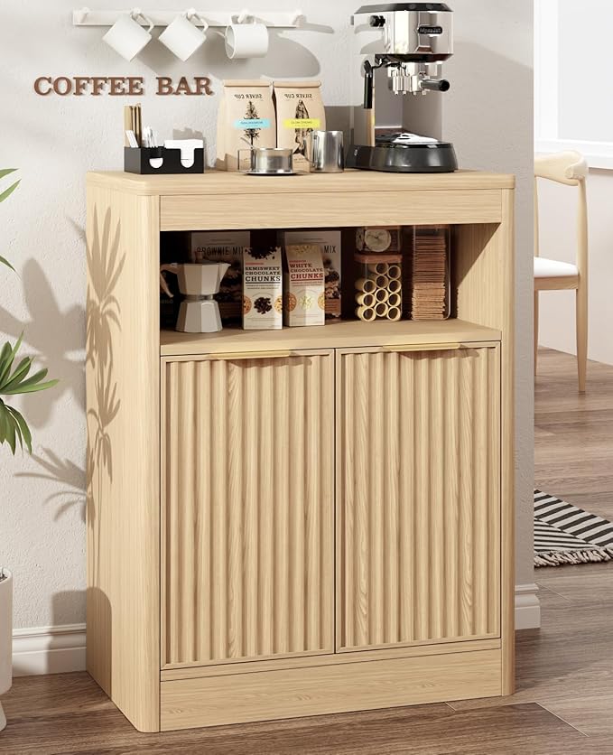 Fluted Buffet Cabinet with Storage, Small Coffee Bar Cabinet with Doors & Adjustable Shelves, Wood Storage Cabinet for Kitchen, Living Room, Entryway, Oak