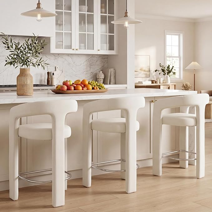 HNY 26 Inch Velvet Modern Tall Barrel Bar Stools Set of 3, Upholstered Barstools with Open Backs, Counter Height Bar Stools Chairs with Armrest for Kitchen Island, White
