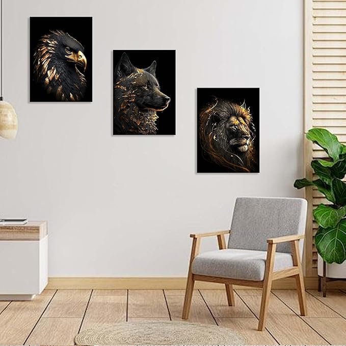 3 Piece Framed Canvas Wall Art, Modern Black and Gold Animal Canvas Wall Decor with Eagle Wolf and Lion, Set of 3 Wall Art for Living Room Bedroom Office Gaming Room, 12x16 Inch