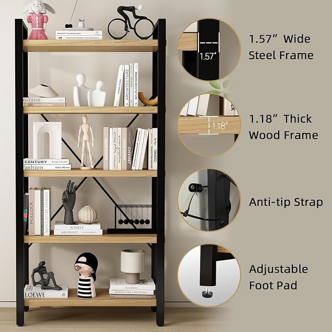 WH-AOERPUMY Real Solid Wood Bookshelf Shelves Rustic Vintage Industrial Etagere Bookshelf, Metal & Timber Free Vintage Bookcase, (Genuine Timber) (5-Tiers-Natural Finish)