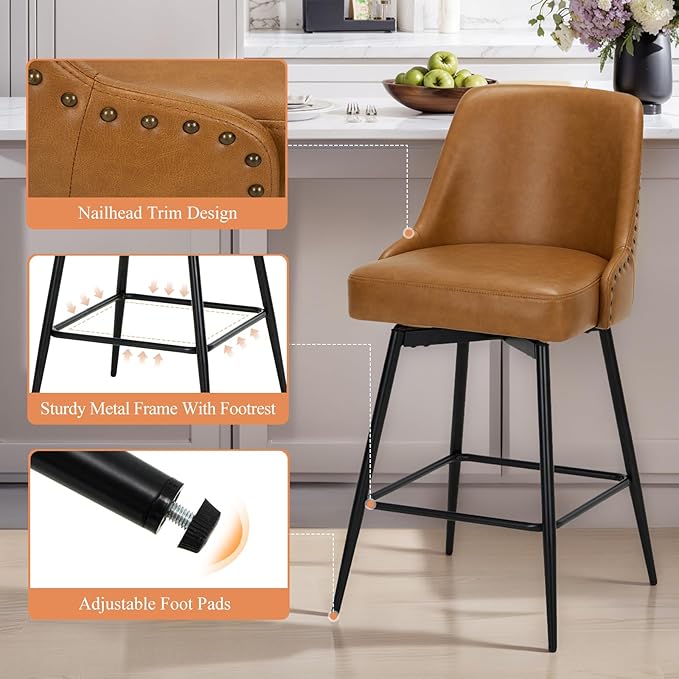 MALOL Bar Stools Set of 4, 26" Swivel Counter Height Chairs with Back,Thick Padded Seat & Footrest,Modern Faux Leather Barstool for Kitchen Island,Dining Room,Pub,Brown