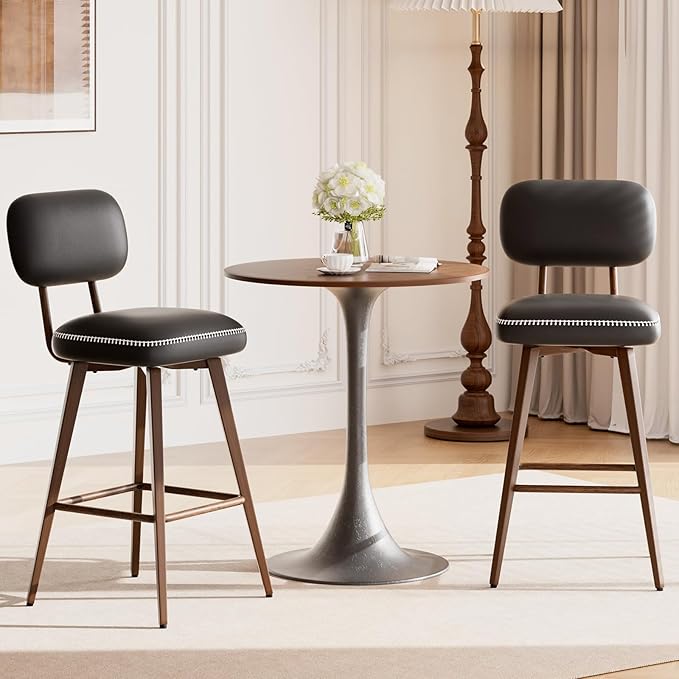 MALOL 26“ Swivel Bar Stools Set of 2, Mid Century PU Leather Counter Height Bar Chairs with Low Back and Metal Legs, Modern Bar Stool Chair for Kitchen Island, Black