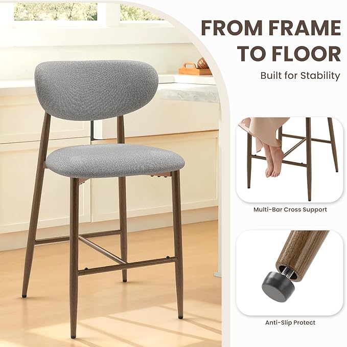 MALOL Bar Stools Set of 6, Counter Height bar stools, Kitchen Bar Stools with Backs, Modern Upholstered, Modern Bar Stools with Metal Legs for Kitchen Island, Counter, Light Grey