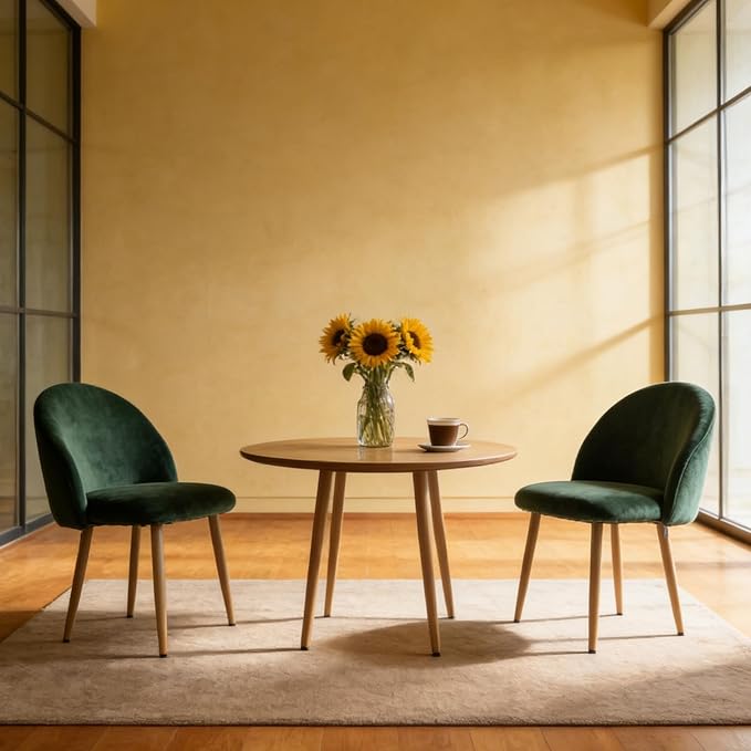 Dining Chairs Set of 2, Velvet Comfortable Seats, Mid-Century Modern Living Room Chairs, Upholstered Kitchen Chairs with Wooden Legs and Padded Seat for Bedroom Office Easy Assembly, Green