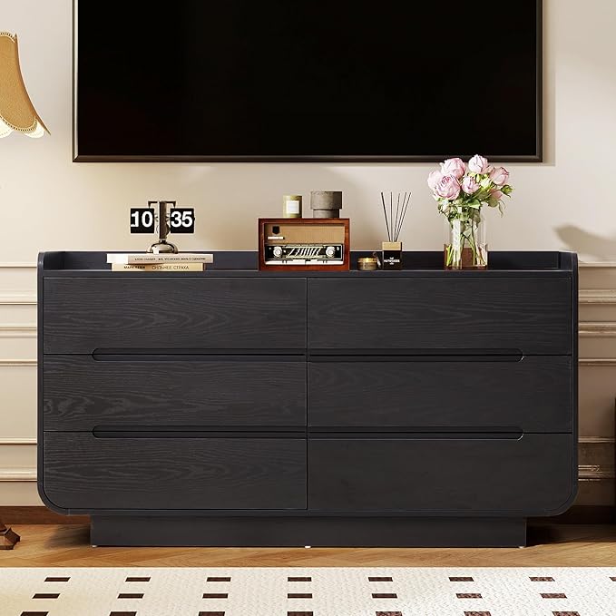 Curved 6 Drawer Dresser for Bedroom, Modern 53-Inch Chest of Drawers, Wood Storage Dresser Organizers with Hidden Handles, 6 Drawer Dressers for Bedroom, Nursery, Living Room, Black