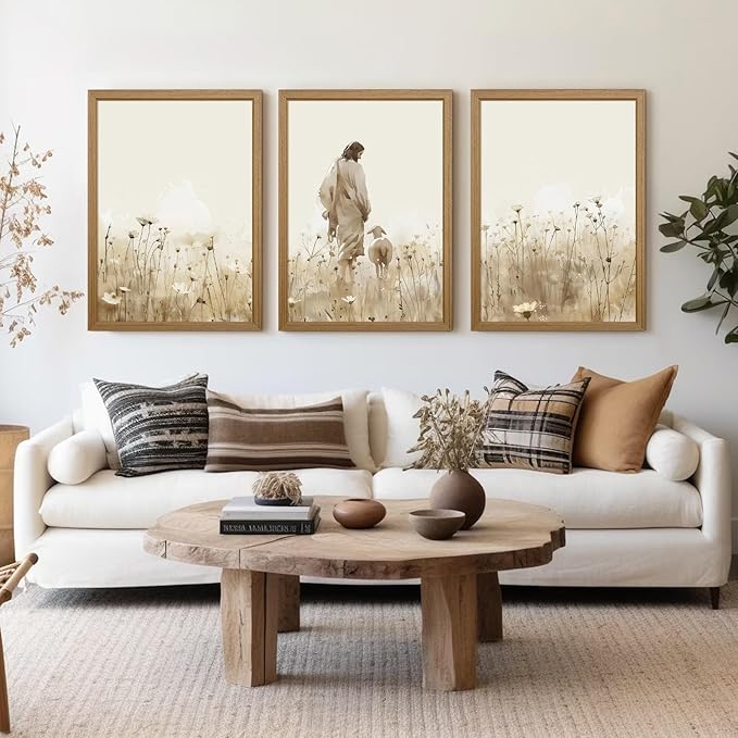 Jesus Leaves the 99 Sheep Wall Art Christian Canvas Poster Jesus and Lamb Wall Decor Religious Pictures Lost Sheep Painting God Christ Painting Artwork for Bedroom Living Room 12x16x3 Inch Wood Framed