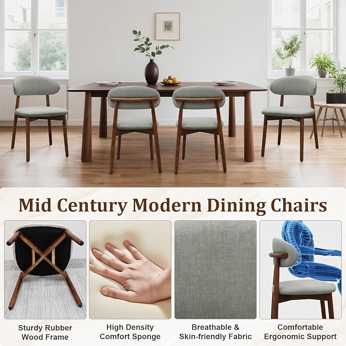 Farmhouse Dining Chairs Set of 8, Mid Century Modern Fabric Upholstered Kitchen Chairs, Wooden Dining Room Chair with Curved Back for Kitchen Dining Room Restaurant Cafe, Light Green (Only Chairs)