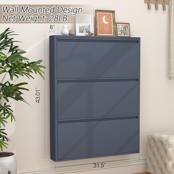 GREATMEET Shoe Cabinet with 3 Flip Drawers, Slim Metal Shoe Cabinet Storage for Entryway, Hidden Narrow Shoe Rack Organizer Cabinets Wall Mount for Living Room, Bedroom, Hallway, Blue