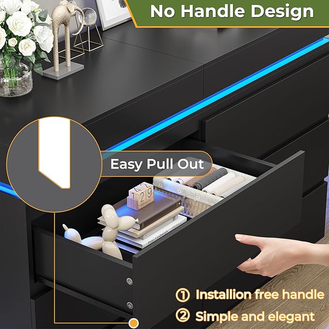 DICTAC Modern 6 Drawer Dresser with Sliding Desktop, Wide Chest of Drawers with Charging Station & LED Lights, Large Storage Tower Clothes Organizer, Black Dresser for Bedroom