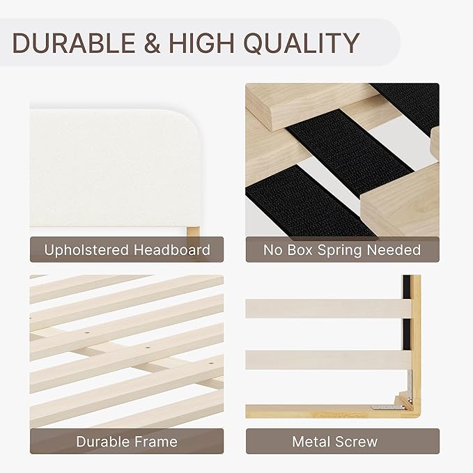 KISLOT Wood Bed Frame with USB & Type-C Charging, Boucle Platform Bed with Upholstered Headboard Mattress Foundation No Box Spring Needed Easy Assembly