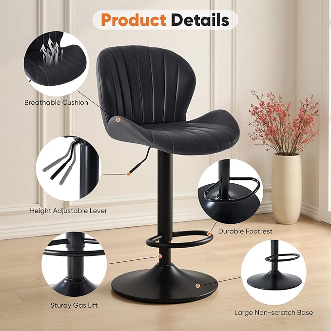 Sweetcrispy Bar Stools Set of 2, Modern Swivel Bar Chairs, Adjustable Fabric Upholstered Barstools Counter Height with Backrest for Bar, Kitchen Island, Dining Room, Black