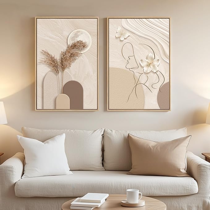 Framed Neutral Abstract Wall Art, Set of 2 Tan and Cream Beige Canvas Prints Paintings Artwork for Walls, Woman Silhouette Pictures for Living Room Dining Room Bedroom Office Wall Decor 16x24 Inch