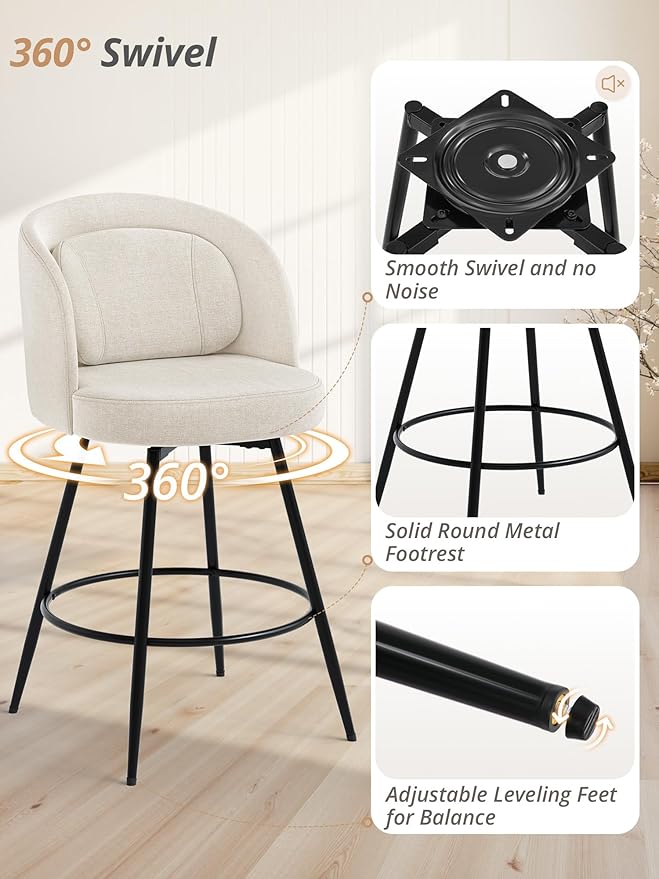 LUE BONA 26''H Swivel Bar Stools Set of 2, Counter Height Bar Stools with Backs, Lumbar Pillow and Black Metal Frames, Upholstered Morden Barstools for Kitchen Island, Linen Farbic, Linen Color