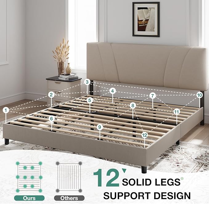 Novilla King Size Bed Frame with Adjustable Headboard Platform King Bed Frame Linen Fabric Upholstered Headboard, No Box Spring Needed, Noise-Free, Wooden Slats Support, Easy Assembly, Beige