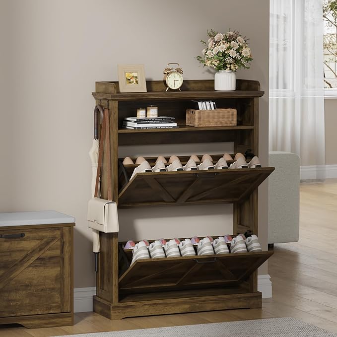 Shoe Cabinet with 2 Flip Drawers, Farmhouse Narrow Shoe Cabinet Organizer with Double-Layer Top, Freestanding entryway organizer with adjustable shelves and hooks, for, Foyer, Hallway, Brown