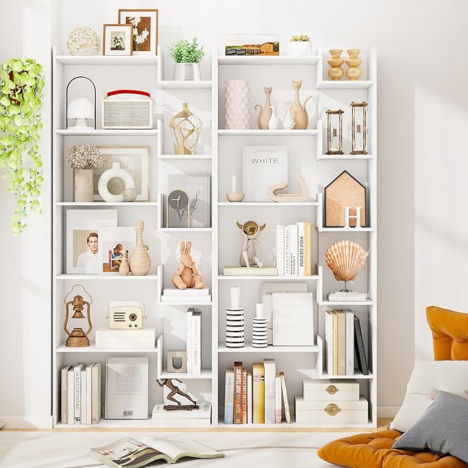 Tangkula 6-Tier Bookshelf, 64”H Tall Open Bookcase with Anti-Tip Kits, Home Office Free-Standing Wood Room Divider Display Book Shelf, Modern 11-Shelf Storage Rack for Study, Living Room (2, White)