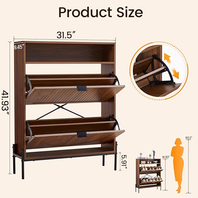 FurSch Fluted Shoe Cabinet with 2 Flip Drawers, Slim Freestanding Hidden Shoe Cabinet Organizer, Narrow Shoes Storage Rack for Entryway (All Walnut-2 Drawers, 9.45" D x 31.5" W x 41.93" H)