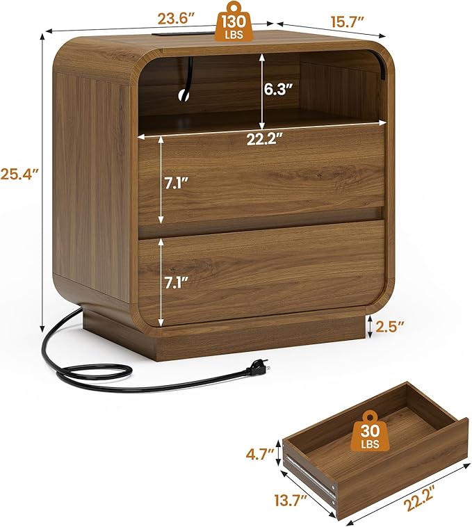 HAUOMS 25" Tall Modern Nightstand with Charging Station, 23.6" Wide Wood Bedside Table w/2 Storage Drawers, Curved Profile Design, Large Mid Century End Table for Bedroom, Living Room, Walnut