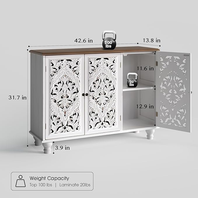 JOINICE 43" Accent Cabinet with 3 Carved Doors, White Farmhouse Buffet Cabinet with Storage & Solid Wood Legs, Boho Sideboard Console Table for Living Room, Entryway, Dining Room, Coffee Bar