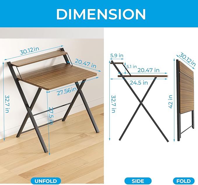 GreenForest No Assembly Folding Desk, 2-Tier Compact Computer Desk with Shelf, 30 inch Space Saving Foldable Table for Home Office, Dorm or Apartment, Portable Collapsible Sturdy Laptop Desk, Espresso
