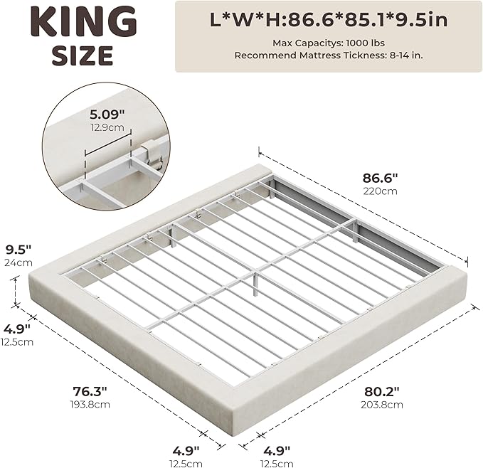 RECCI AirFrame King Size Bed Frame, Cloud Upholstered Platform Bed Frame, 5 Inch Fully Boxy Foam Cushioned, Square Shape Base, No Box Spring Needed, Easy Assembly | Beige Chenille, Soft Low-Profile