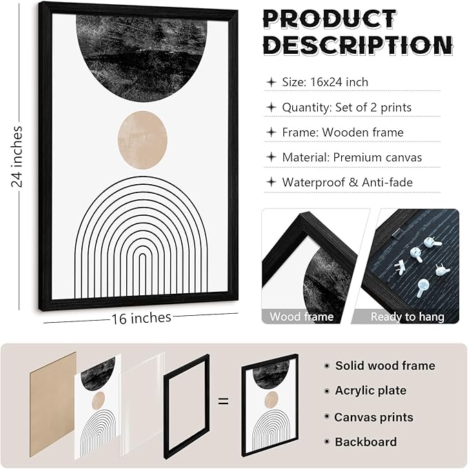Mid Century Modern Wall Art Prints Set of 2 Neutral Abstract Geometric Wall Art Boho Canvas Prints Mid Century Eoind Wall Decor Modern Abstract Pictures Artwork for Home Room 16x24 Inch Black Framed