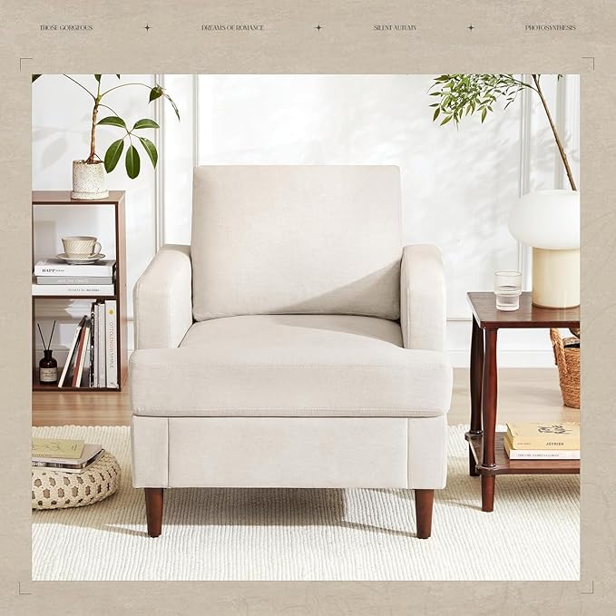 Weture Mid-Century Accent Chair,Modern Linen Fabric Armchair for Living Room,Comfy Upholstered Reading Accent Chairs for Bedroom,Single Sofa Chair with Wood Legs (Beige, 1 Pack)